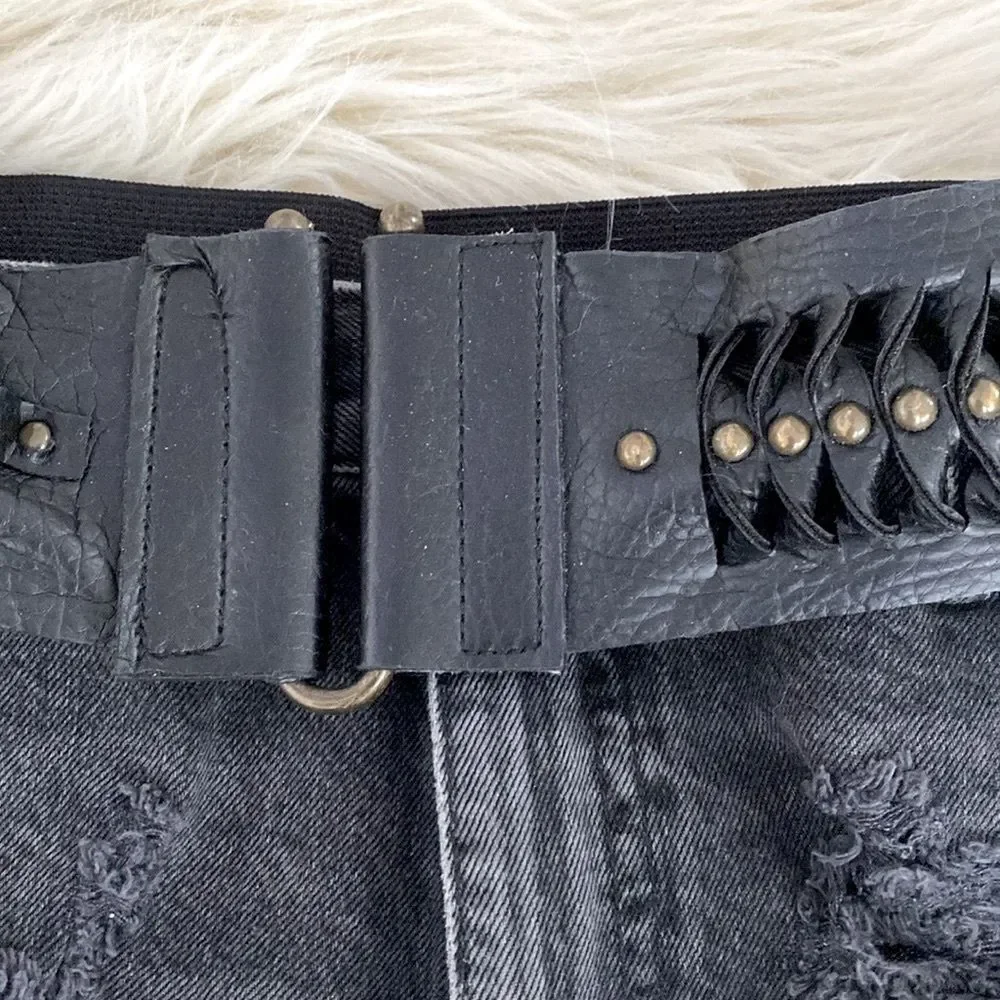 Vintage Black Vegan Leather Belt with Studded Elastic Back, Hook Front Boho Chic